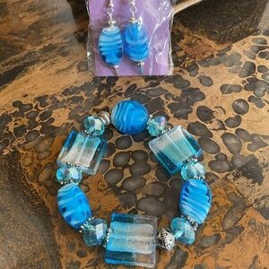 NWOT Hand blown blue glass beads hand made bracelet/earrings set